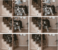 Climbing Stairs” shows 6 screen shots taken from a video of the wheelchair and passenger climbing stairs.  Hand rails are present, but the passenger is not using them. Figure 3A shows a side view of the wheelchair backed up against the stairs.  The spider wheel is visible with two minor wheels level on the floor. The caster skids and front skids are visible with their tips near the floor.
Figure 3B shows the spider wheel with forward minor wheel lifted several inches. The caster skids have lifted to the top of the first step and front skids have extended to balance and level the wheelchair.
Figure 3C shows the spider wheel with its aft minor wheel resting on the first step and forward minor unsupported and level with the aft minor wheel. The caster skids have lifted to the top of the second step and front skids have further extended to balance and level the wheelchair.
Figure 3D shows the spider wheel with two minor wheels high and one low and supporting on the first step.  The caster skids are resting against the edge of the third step. The front skids continue to extend to balance and level the wheelchair.
Figure 3E shows continued climbing with aft minor wheel on the edge of the third step. The caster skids are now hidden behind a wall on the side of the stairway. The front skids are now resting on the edge of the first step.
Figure 3F shows continued climbing with the front skids are now resting on the top of the first step.
 